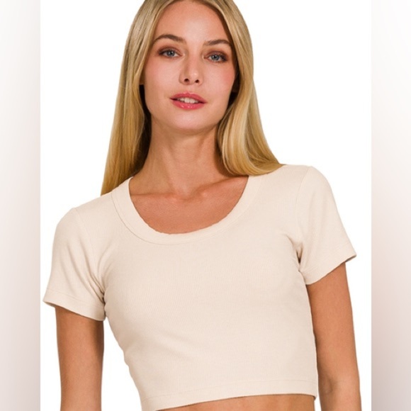 Zenana Outfitters Tops - RIBBED SCOOP NECK CROP SHORT SLEEVE TOP- Cream